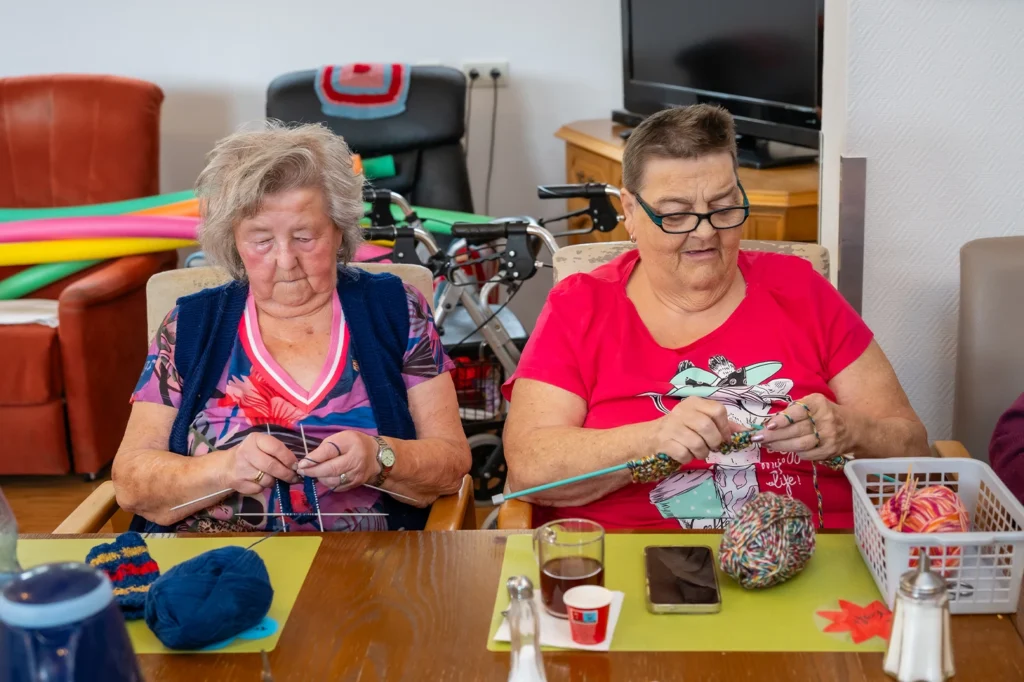 Zwei Bewohnerinnen stricken nebeneinander am Tisch, vor ihnen liegen Wollknäuel